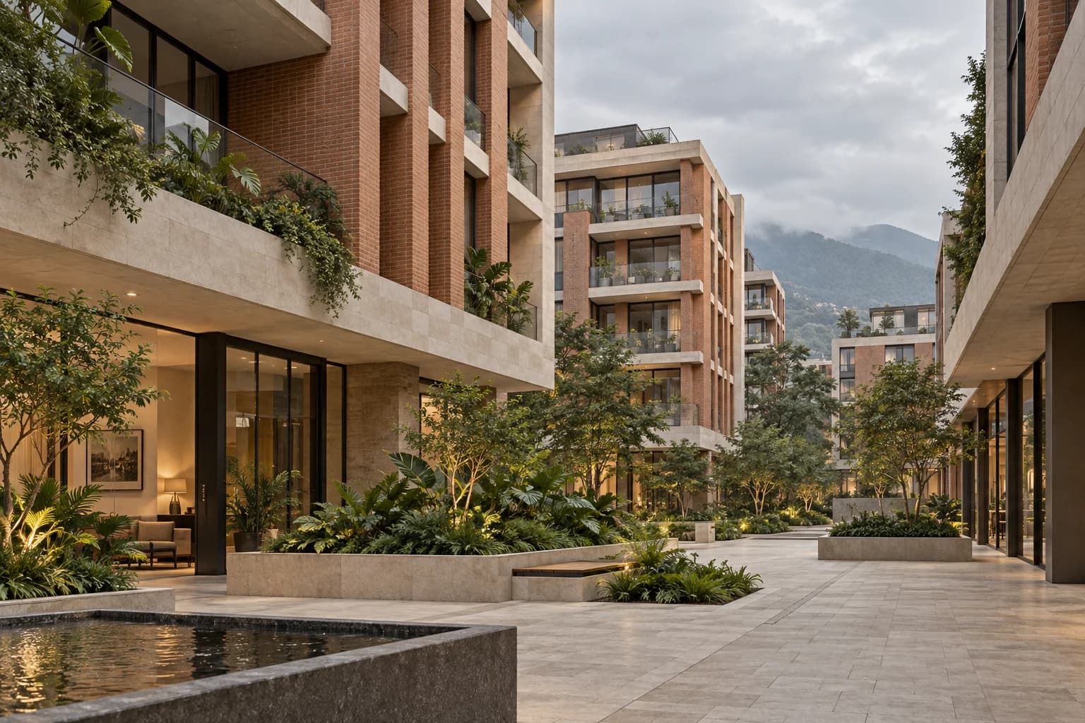 Ambientación de arquitectura contemporánea y espacios exteriores