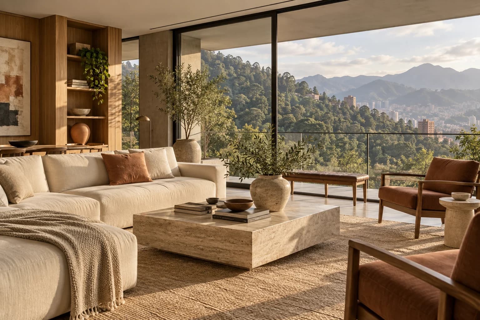 Ambientación residencial con materiales naturales y vista a las montañas